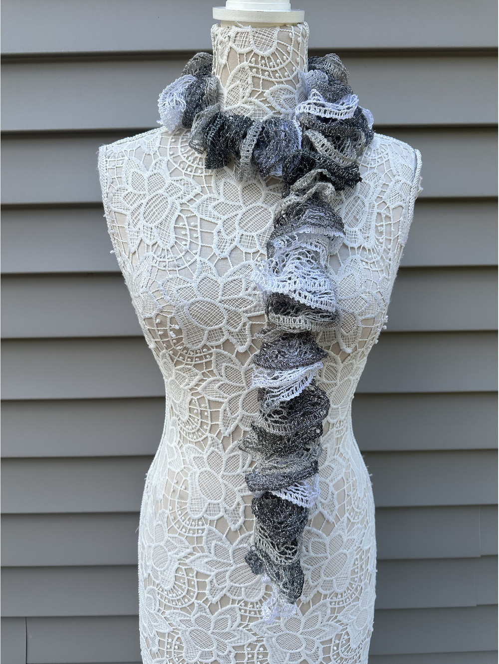 Handmade Ruffled Knit Scarf Black White Gray Lightweight Contemporary Feminine